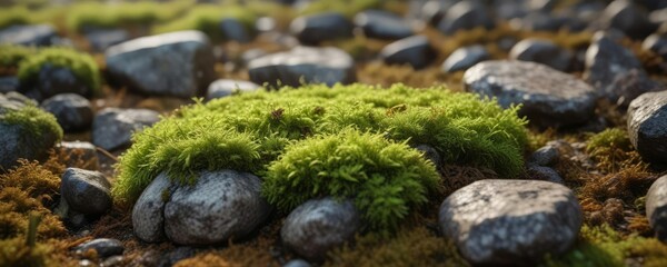 Small patch of moss pokes out from stone in dry ground, moss, plant, dry