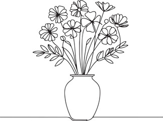 Vector Line Art of Flower Vase with Beautiful Bouquet