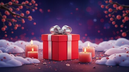 a box with candles around and berries in background