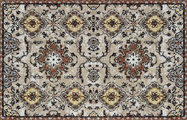 Close up of classic middle eastern Arabic and moroccan carpet rug texture. Seen here the floral swirls pattern with engraved ornamental medallion in the center. In red, white, and gold color.