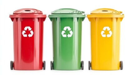 Recycling Bins Trio: A trio of colorful recycling bins, red, green, and yellow, each adorned with the universal recycling symbol, stand in a row ready for waste separation.  