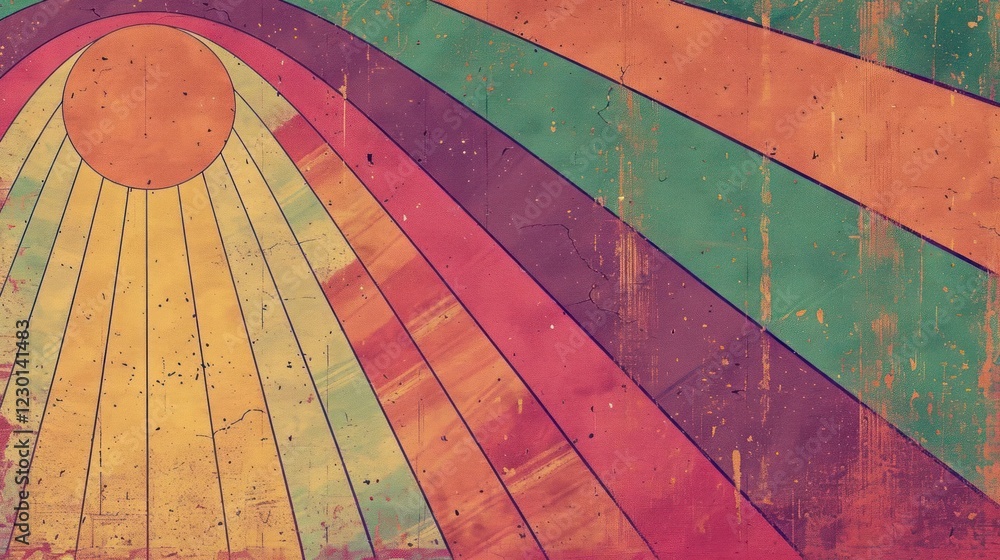 Poster vibrant abstract design featuring a sun and colorful rays, creating a retro atmosphere