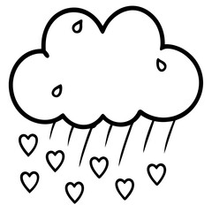 Romantic Cloud with Heart Showers Line Drawing