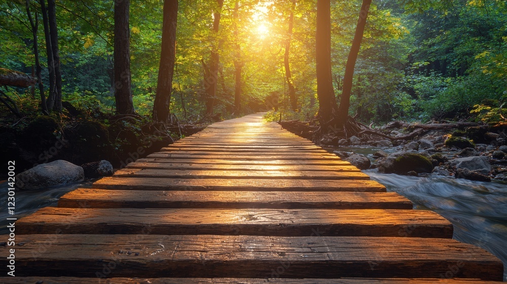 Poster wooden pathway through a misty mountain forest sunlight filtering through dense trees tranquil summe