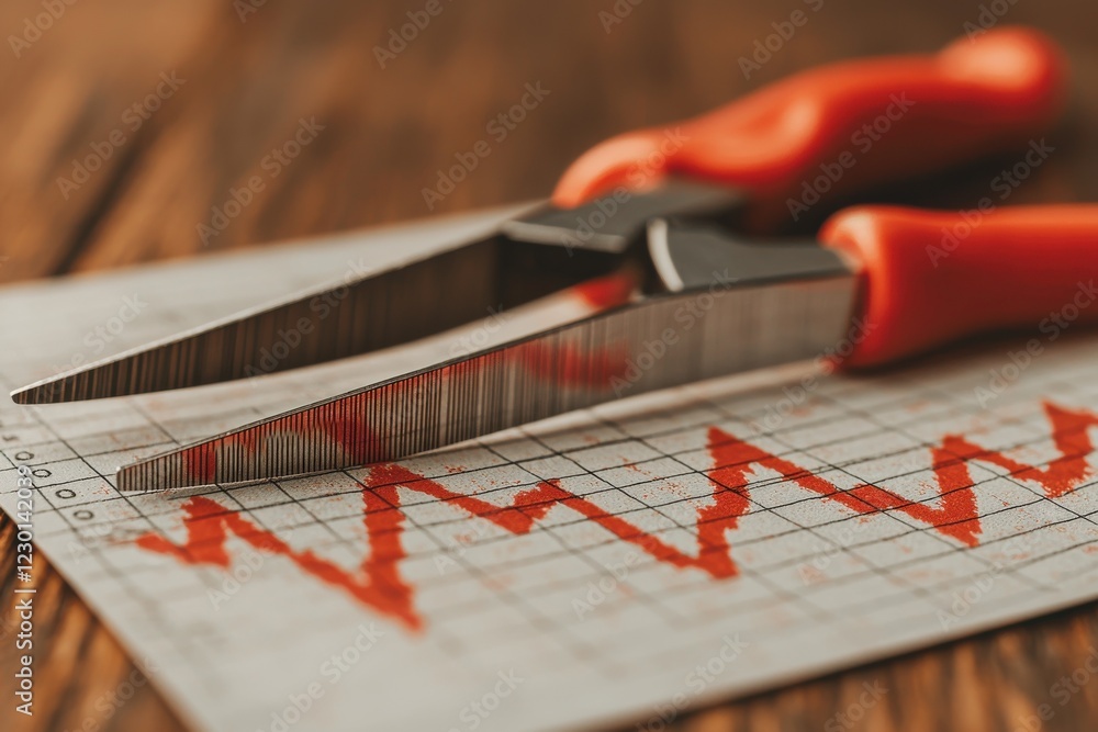 Aufkleber a pair of scissors cuts through a financial graph, symbolizing analysis and decision-making in busin
