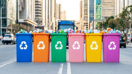 Rainbow of Recycling: A row of colorful recycling bins overflowing with plastic and various recyclable materials stands on a city street, with a recycling truck subtly visible in the background.