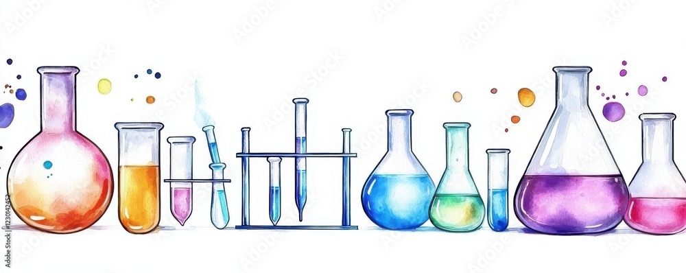 Poster a colorful array of laboratory glassware filled with various liquids, illustrating a vibrant science