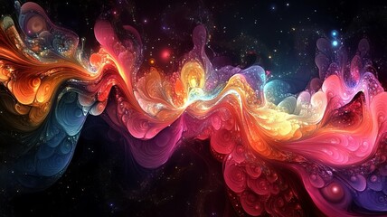 Obraz premium Abstract cosmic swirls in vibrant hues against a dark, starry backdrop.
