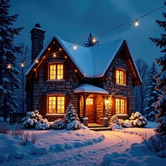 Cottage's stone facade illuminated by string lights and snow, facade, luxury