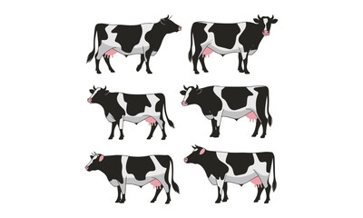 Cute Cartoon Illustration of Six Dairy Cows in Various Poses with Pink Udder