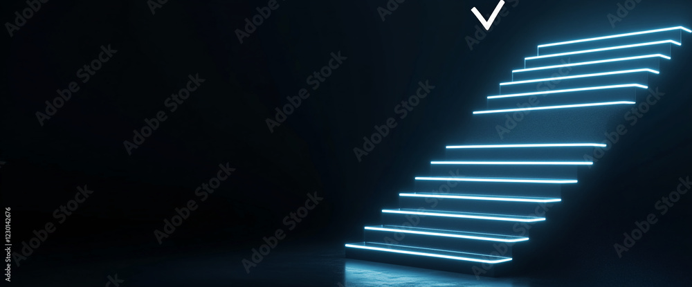 Poster futuristic illuminated stairs with neon blue lights and a check mark symbol against a dark backgroun