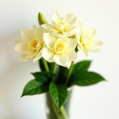 Obraz premium Cream-colored flowers in a vase with lush green leaves, flower pot, floral, natural