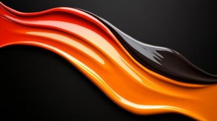 Fototapeta premium Liquid Abstract: An artistic blend of smooth, glossy orange and black paint swirls in a harmonious flow against a dramatic, dark backdrop. The abstract waves evoke a sense of motion, fluidity.