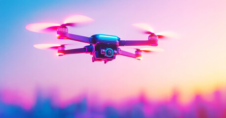 Drone Flight at Sunset: A vibrant, high-tech drone soars through a dreamy, colorful sunset sky, capturing breathtaking aerial views.  The blurred cityscape below adds depth and intrigue.