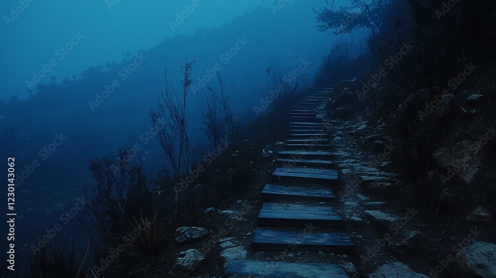 Poster foggy forest trail with wooden steps leading up the hillside mysterious and enchanting summer hiking