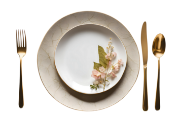 A stylish botanical table setting with floral napkin rings and gold cutlery, isolated white background, soft even lighting, top-down view, hyper-realistic clarity