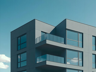 Modern apartment building, blue sky. Real estate brochure