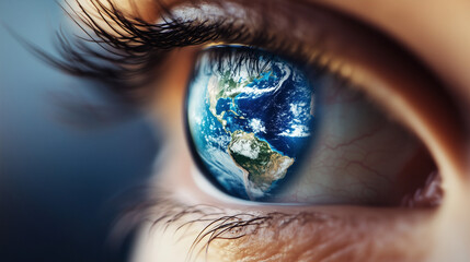 Naklejka premium Earth reflected in a human eye, created with generative AI technology 