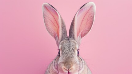 Fototapeta premium A pair of fluffy white rabbit ears peek out against a pink background, creating a playful Easter theme. The concept of Easter bunny ears.