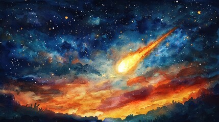 Fototapeta premium Fiery Meteor Streaking Across A Starry Night Sky Watercolor Painting