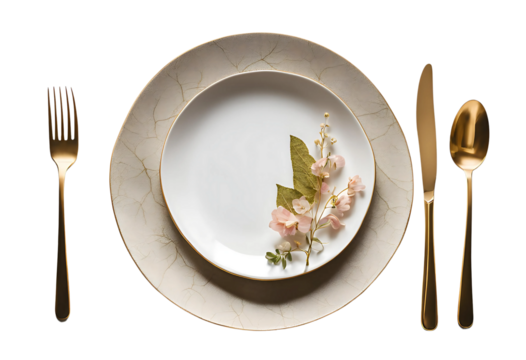 A stylish botanical table setting with floral napkin rings and gold cutlery, isolated white background, soft even lighting, top-down view, hyper-realistic clarity
