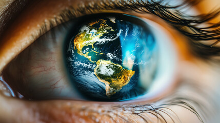 Obraz premium Earth reflected in a human eye, created with generative AI technology 