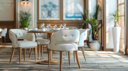 Elegant dining area with white chairs and a round table, surrounded by lush greenery and sunlight