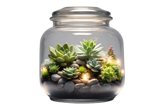 A glass jar terrarium with tiny succulents and fairy lights, a perfect botanical birthday gift, isolated white background, sharp focus, realistic 3D depth, full shot