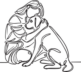 Dog Love. Line Drawing of Woman Kneeling with Her Dog Vector