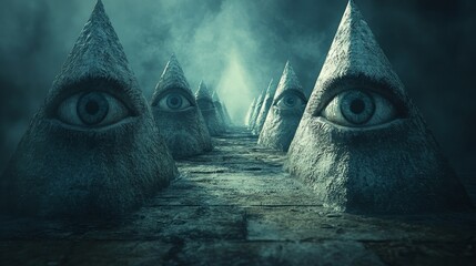 A series of pyramid shaped eyes are shown in a dark room