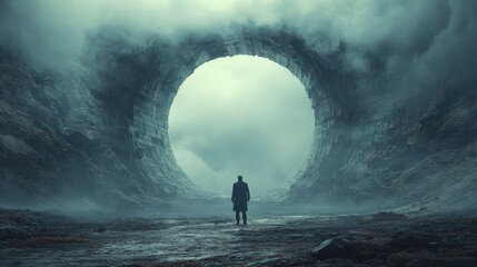 A man stands in front of a large, mysterious, and ominous cave