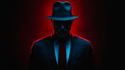 A man in a suit and hat is standing in front of a red background