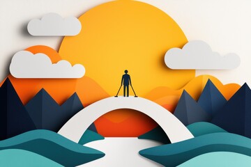 A silhouette of a photographer stands on a bridge, capturing a vibrant sunset backdrop with mountains and clouds, creating a serene landscape scene.