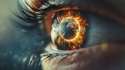 Earth reflected in a human eye, created with generative AI technology  
