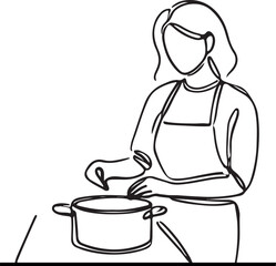 Simple Line Drawing of Woman Cooking Food in Kitchen - Vector Art