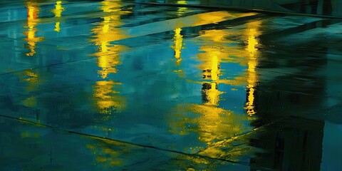 Golden reflections shimmer on wet city street abstract urban landscape