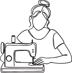 Crafting in Style. Line Drawing of Woman Sewing - Vector Art