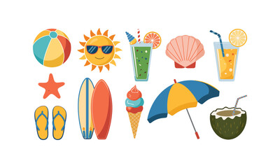 Fun Summer Vacation Icons with Beach Ball, Surfboards, Ice Cream, and Tropical Drinks