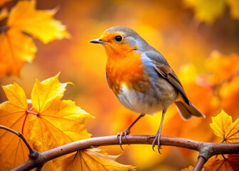 European Robin on Autumn Tree Branch with Orange and Yellow Leaves - Stock Photo