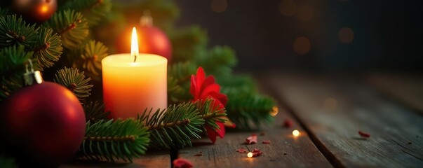 Softly glowing candle amidst lush greenery and festive flowers, christmas, season