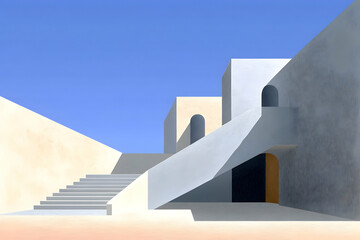 Modern architecture, desert stairs, blue sky, calm background, design