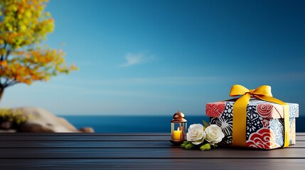Fototapeta premium A beautifully wrapped gift box with a yellow ribbon on a wooden table overlooking a serene ocean view