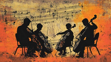 Silhouette of Jazz Musicians Playing Instruments at Sunset Concert Family Gathering