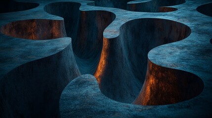 A blue and orange landscape with a lot of rocks and a lot of holes