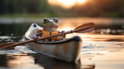 Frog paddling away in a kayak at sunset on a serene lake surrounded by lush greenery. Generative AI