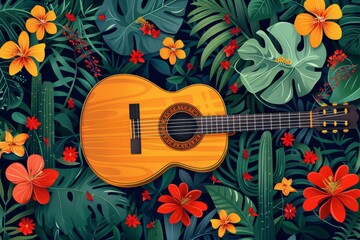 Tropical Guitar Serenade: A classic acoustic guitar rests amidst a vibrant array of tropical flowers and lush foliage, creating a scene of tranquil beauty and musical inspiration.