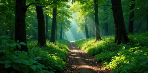 Obraz premium Forest path winding through dense undergrowth, landscape, trail, trees