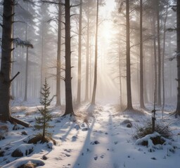 Naklejka premium Soft sunlight breaking through fog in snowy woods, cold, frosty