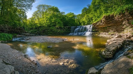 Waterfall cascading through lush forest, sunlight reflecting on calm pool