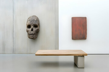 Modern art gallery; skull sculpture, painting